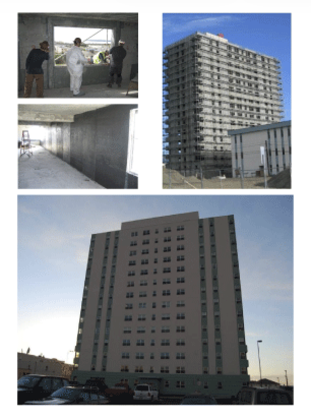 Seismic retrofit of the 14-story McKinley Tower including shear wall, Anchorage AK in 2002